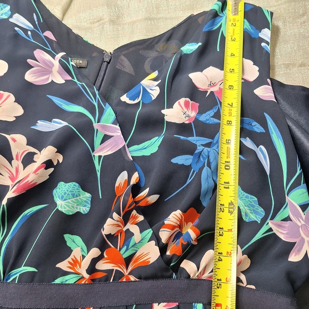 Talbots 14 Navy Floral Chiffon Midi Dress Fit Flare Pleat Garden Party Cocktail - Picture 7 of 9